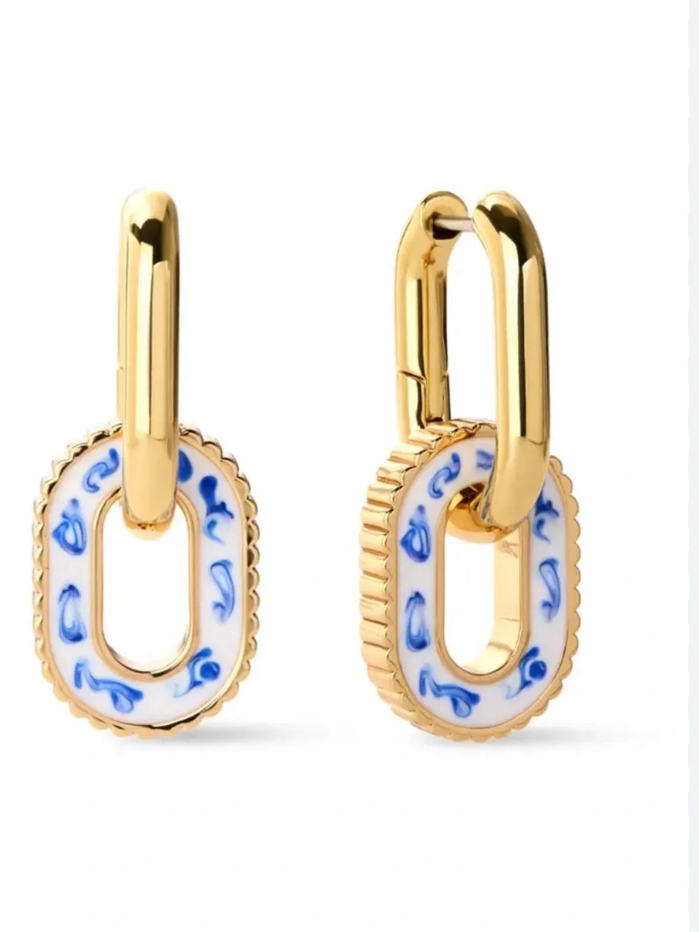 Gold Link Drop Earrings with White & Blue Enamel - Picture 4 of 6